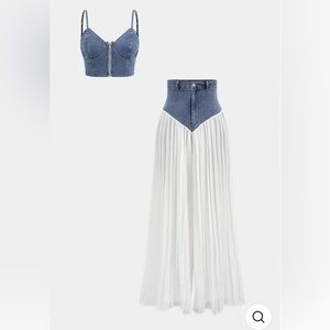 Micas Denim Bustier and White Pleated Pants Set. Size L